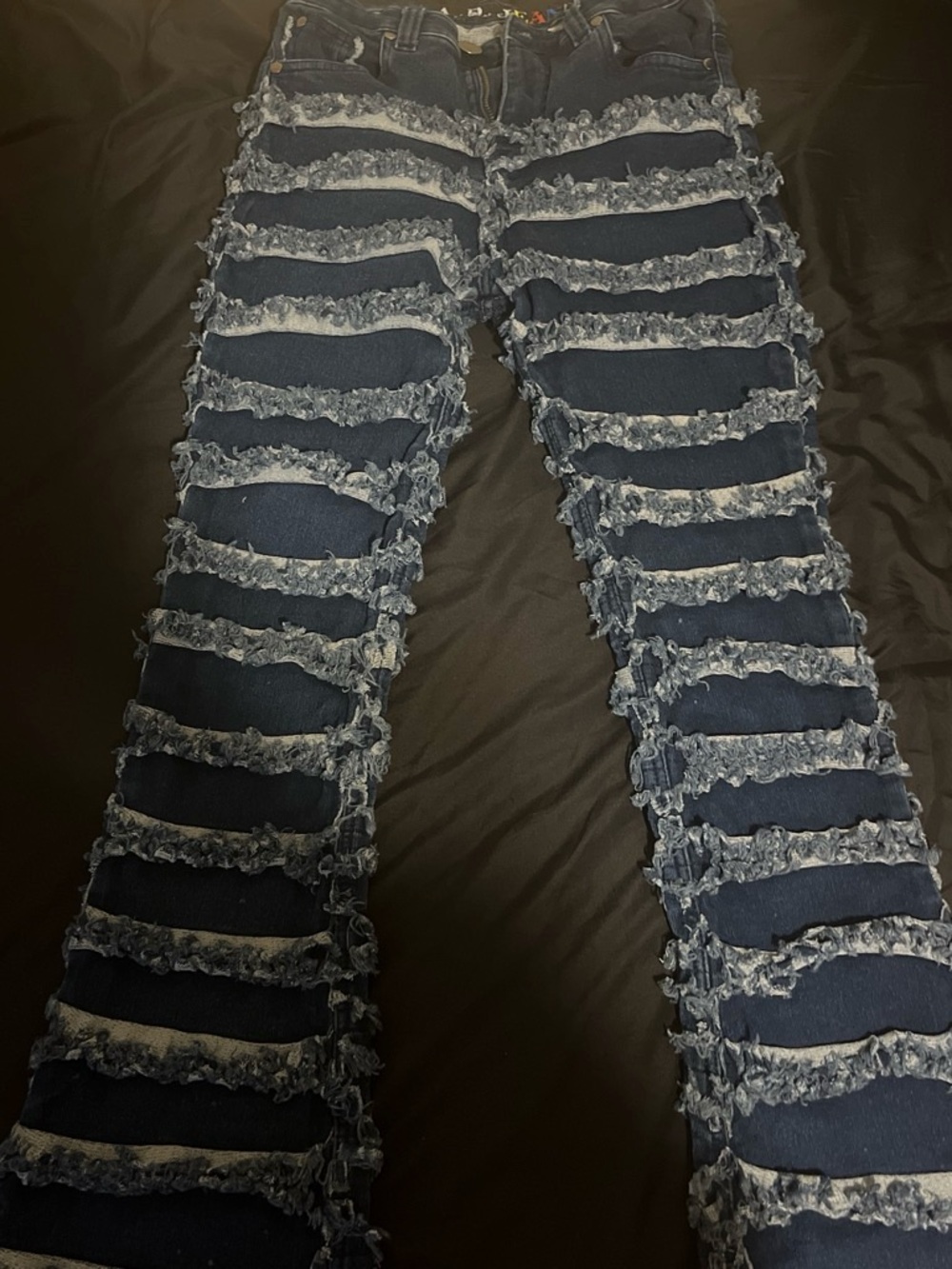 Women’s Navy Blue Frayed Ladder-Strip Flare Jeans